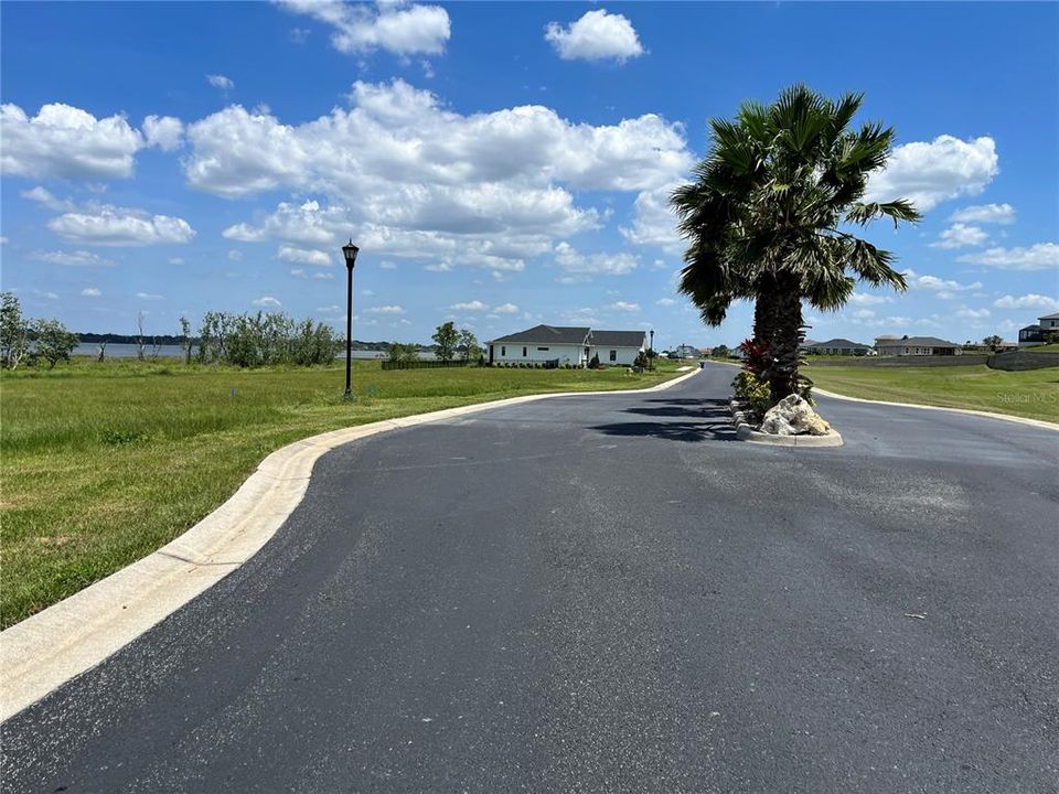 Property line begins by the blue marker to the left of the light pole.  Street View.