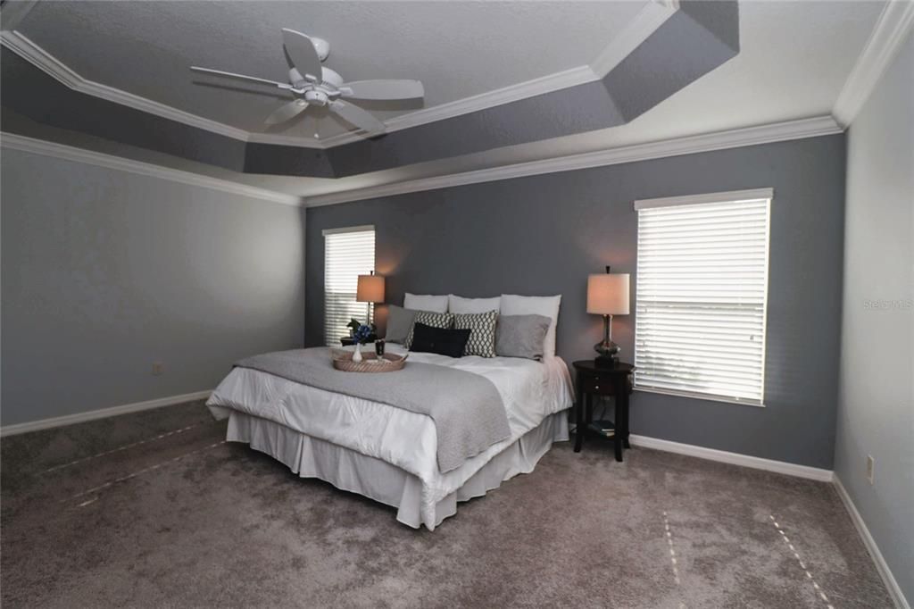 Master bedroom has a lovely tray ceiling