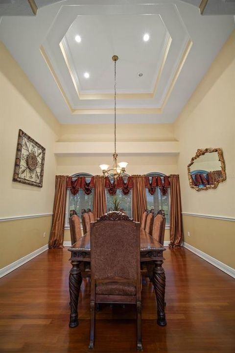 wood floors and one example of the many custom tray ceilings