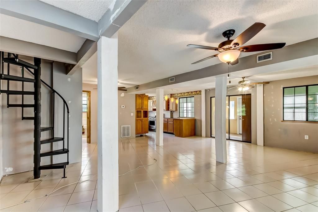 Open layout family room open to kitchen