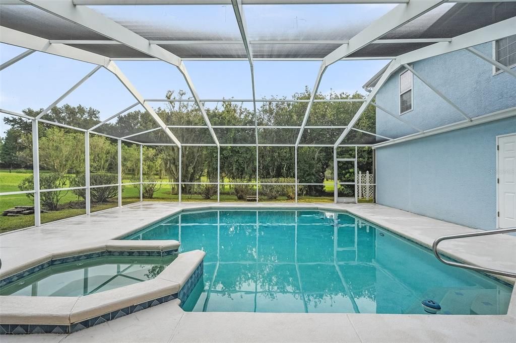 A stunning pool featuring a luxurious jacuzzi and ample space to unwind and savor the outdoors amidst the beauty of nature.