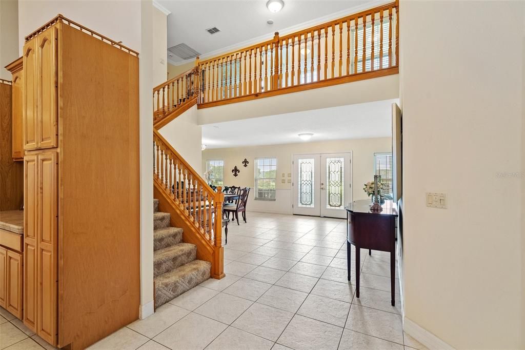 Exquisite, the wooden staircase exudes elegance.