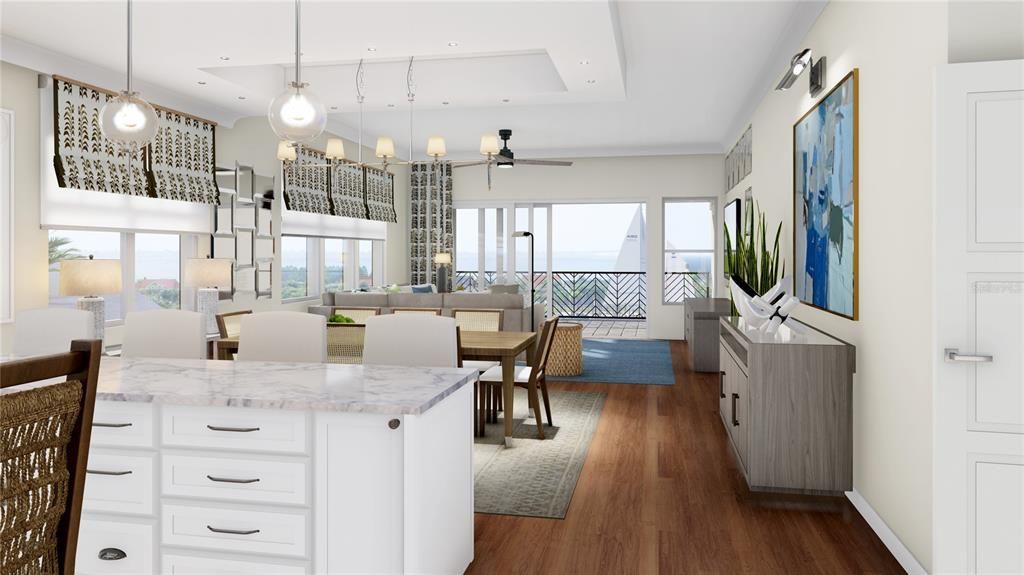 The kitchen overlooks the dining/living room and out to the balcony overlooking the water. Virtual photos
