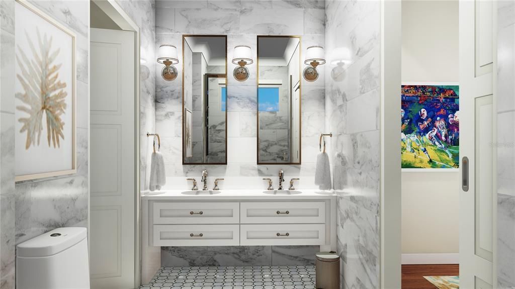 Even the guest bathrooms that are adjacent to the bedrooms have double sinks! Digital rendering.