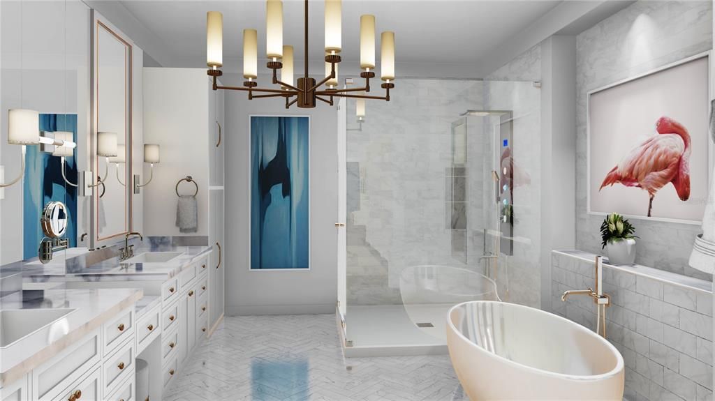 The owners bathroom is very luxurious with two sinks, a vanity, a large walk in shower and soaking tub.  Virtual photos