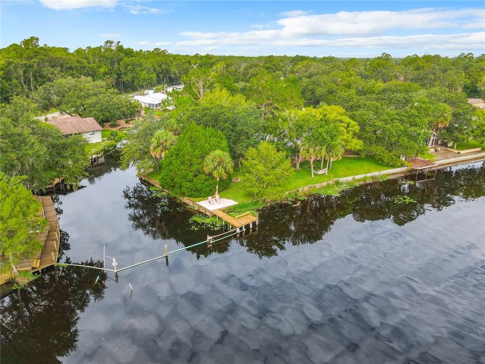 Aerial view of boat dock on St. Johns River and entrance for the Canal