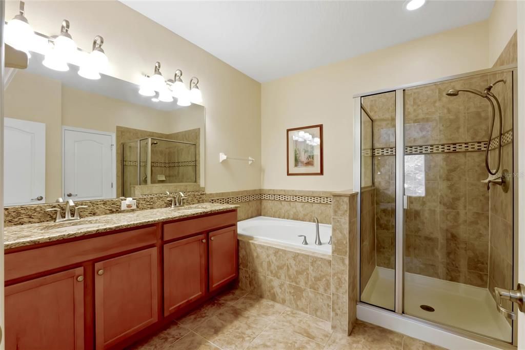 Master bath with granite counters, dual sinks garden tub and separate shower.