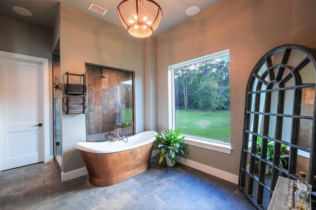 large bathroom suite w/ signature hardware copper tub, 4x7 shower, 5x6 picture window. Door to main suite closet 14.5x7.5