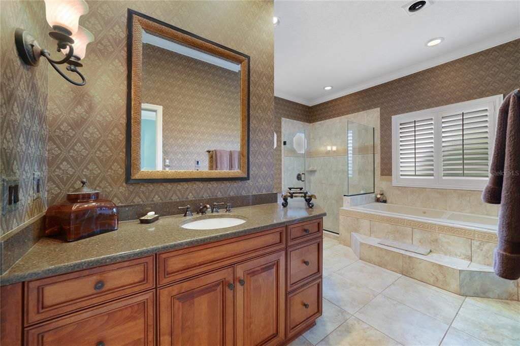 Master Bath has Dual Sinks, Shower, and Jetted Tub