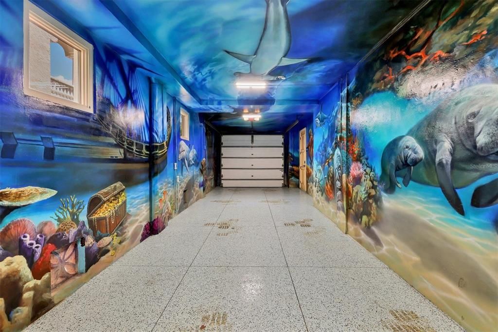 Sealife Disney murals adorn the garage.