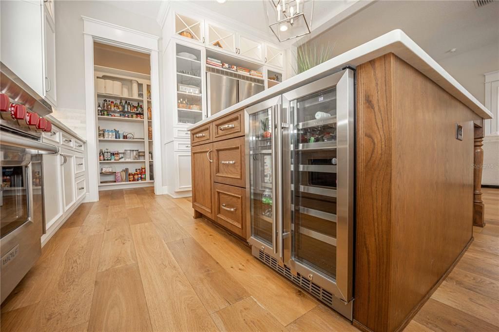 Built-in mini fridge with view of walk-in pantry