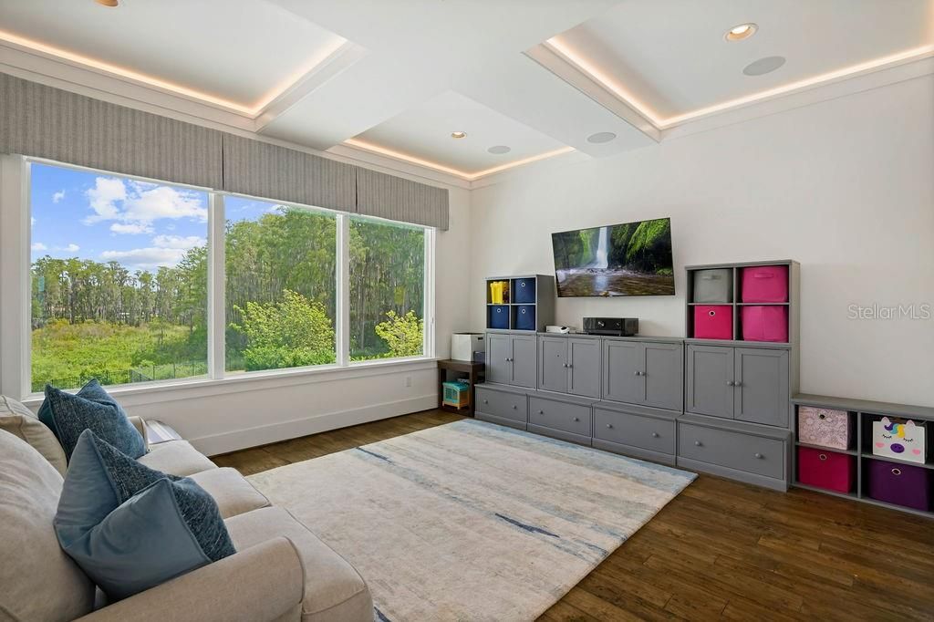 Second floor flex room for the kids, exercise area or office this space can be whatever suites your families needs. Coffered ceiling with custom lighting, engineered hardwood flooring and room to spread out!