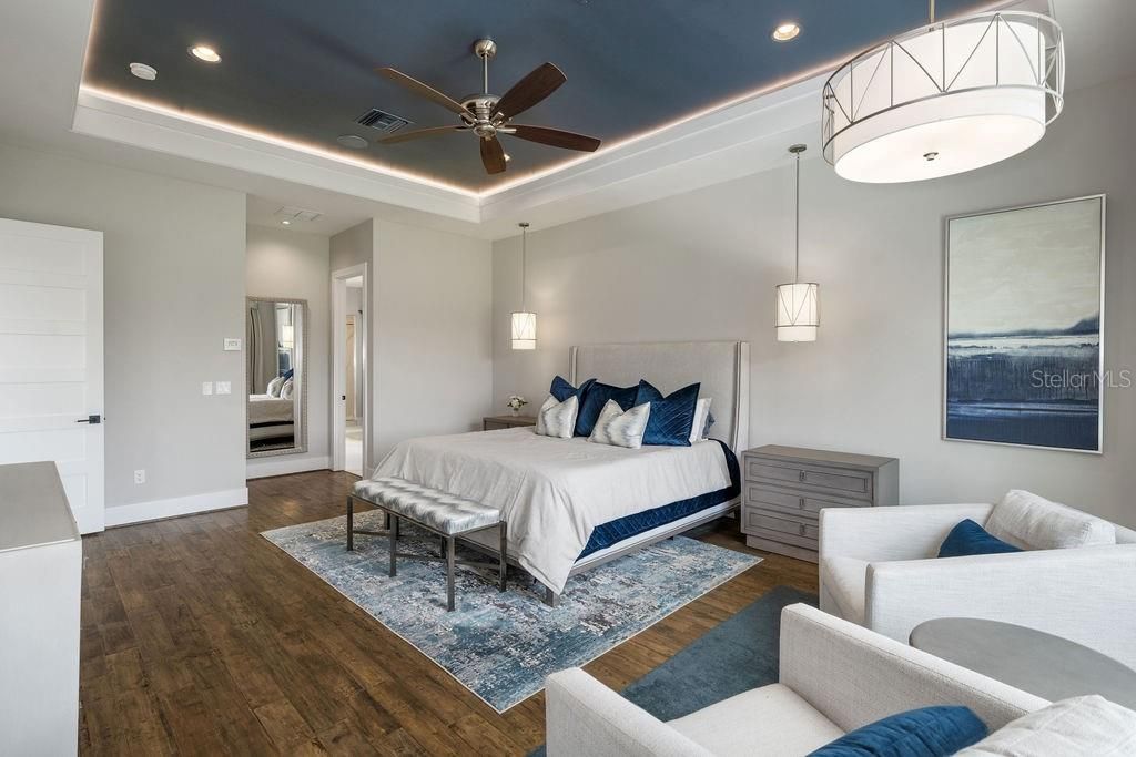 Second story master suite showcases a tray ceiling complete with ceiling fan, can lighting, engineered hardwood flooring and pendant lighting.