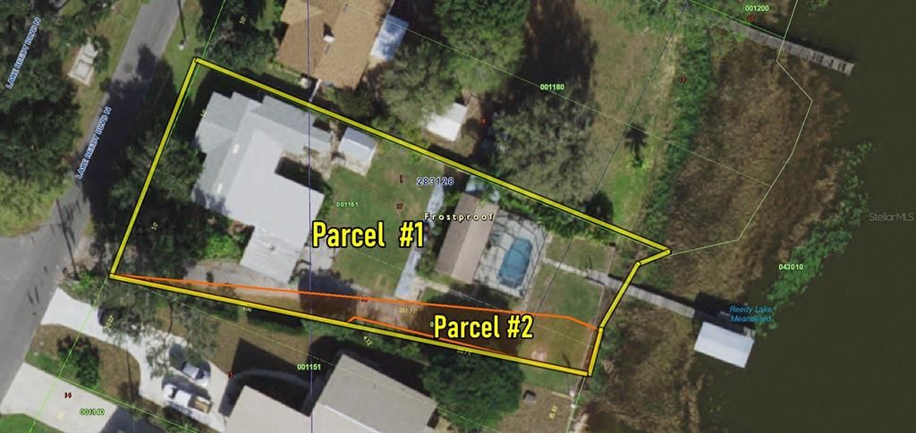 Aerial plat map shows parcel #1 and #2 included in the sale with 0.39 acres.
