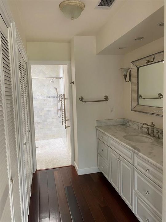 Updated Master Bedroom marble top vanity, plus large closet and entrance to the private walk-in shower and commode area (plus heated towel rack)