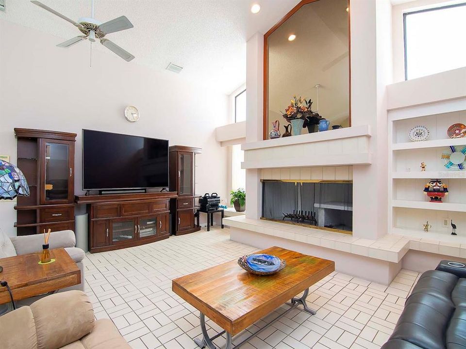 Family Room with Cathedral Ceiling and Massive Fireplace