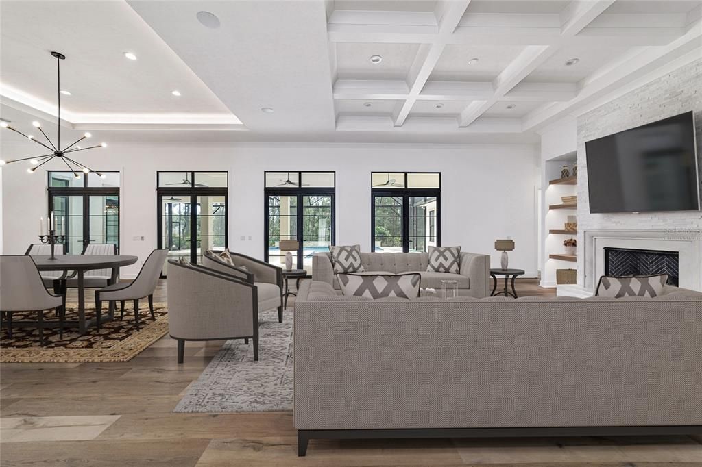 VIRTUALLY STAGED GREAT ROOM - COFFERED CEILING, FIREPLACE, BUILT-INS