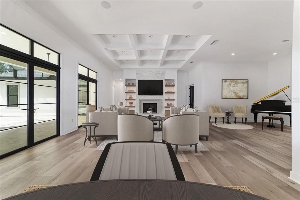 VIRTUALLY STAGED GREAT ROOM, LOOKING BACK FROM KITCHEN AND DINING AREA