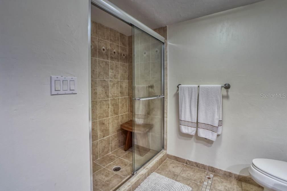 Guest bathroom with decorative tile flooring and walk-in shower