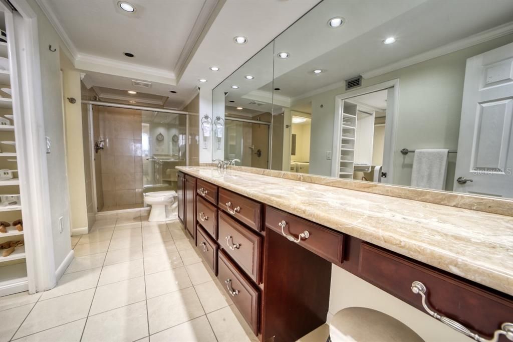 Main bathroom with granite countertop and walk-in shower