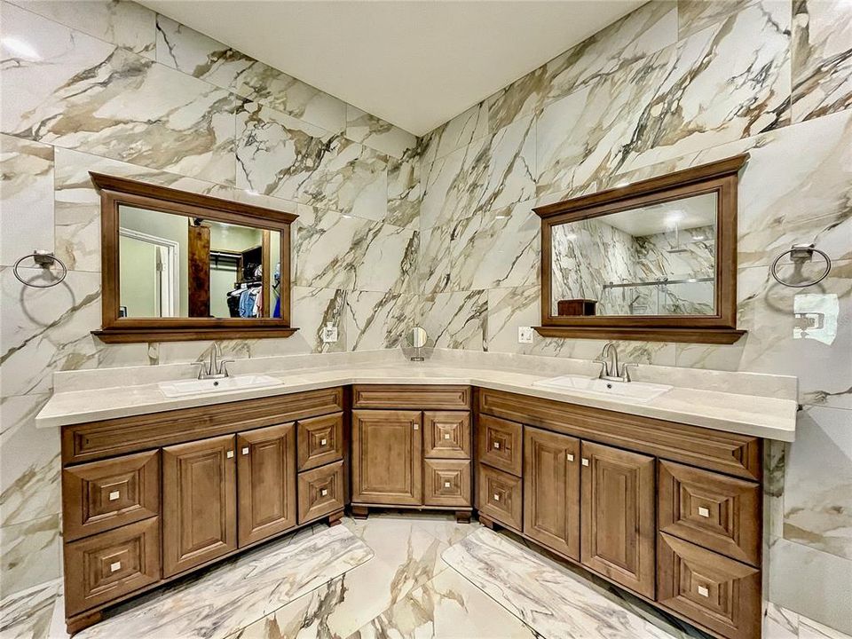 Wrap around dual sink vanity.