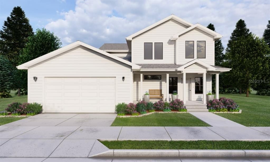 Artist Rendering of the ClearPoint Model. Landscape, Exterior Finishes and Fixtures shown may vary. Porch Furniture and Planters shown are not included.
