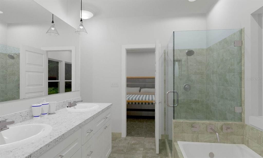 Picture is a Digital Rendering, Counter Tops, Fixtures, Shower Enclosure, Tile Type along with Sinks and Tub may not be included or may vary. All details to be confirmed t Builder meeting.