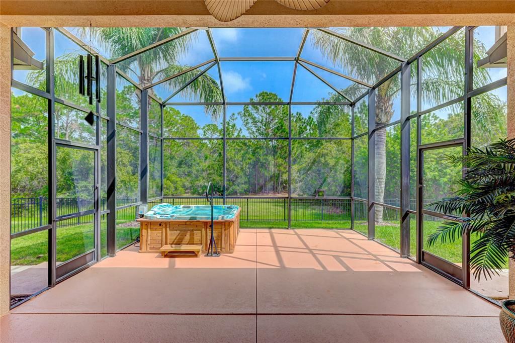 Grand lanai is private and tranquil. Fenced back yard and Spa is included.