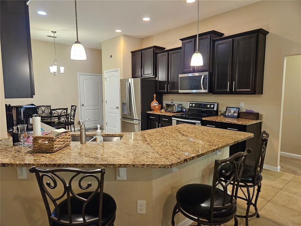 Pendant lighting over the bar countertop