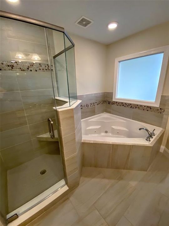 MASTER BATHROOM JETTED TUB AND SHOWER.