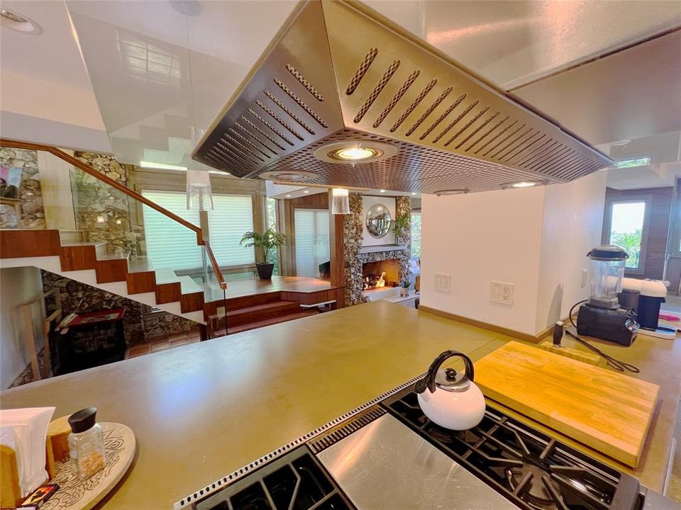 Kitchen looking at Bamboo/Glass stairway