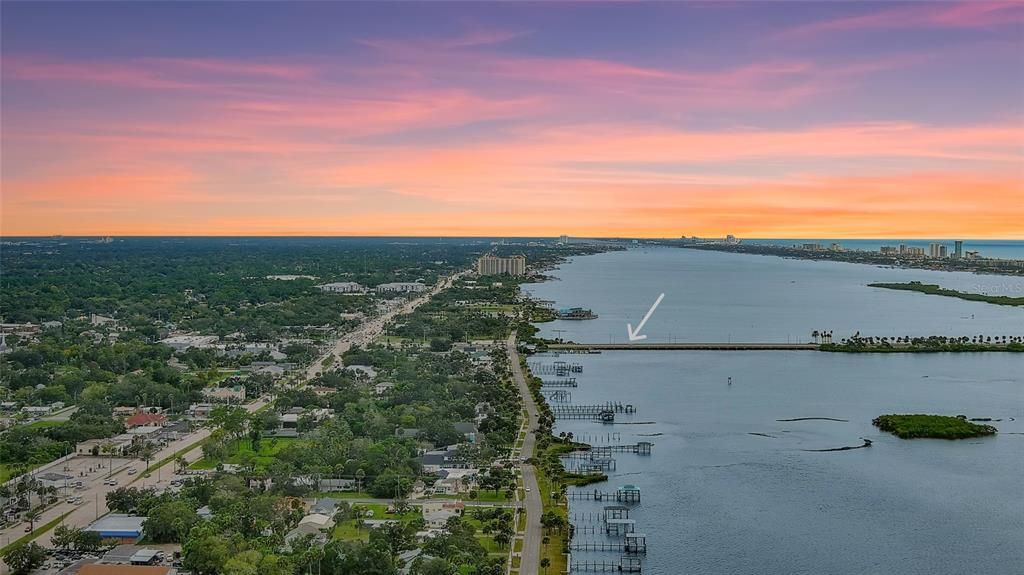 Arrow points to the Dunlawton Bridge that takes you to the beach.