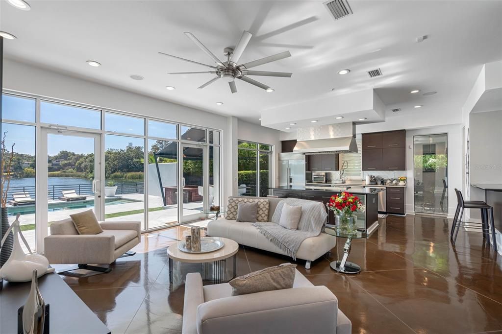 Family room and gourmet kitchen.