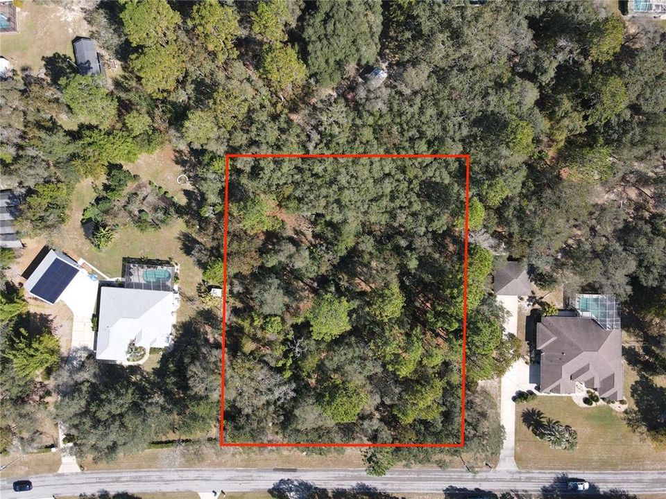 Aerial view of the lot outlined in red.