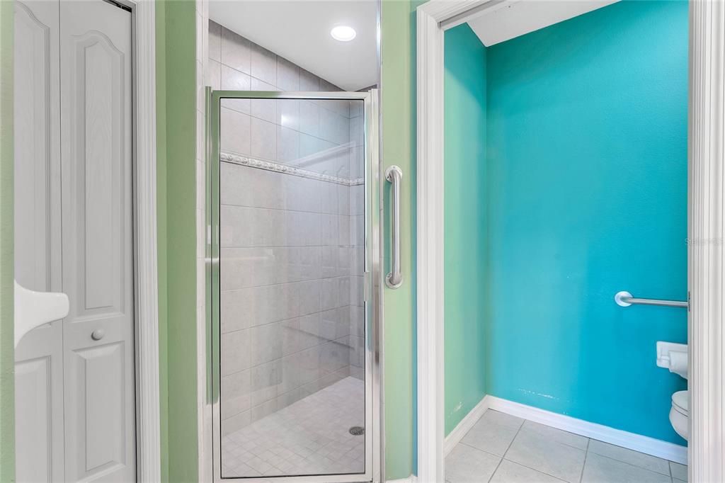 Large shower with linen closet