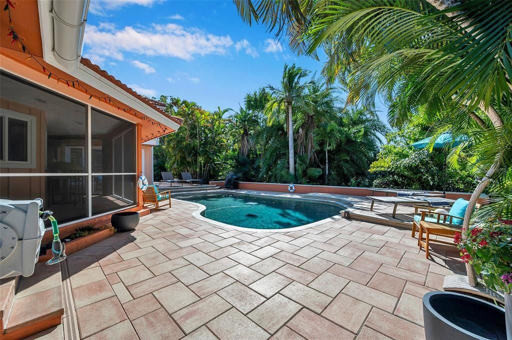 The beatiful pool deck features an outdoor shower that blends in with the palm trees