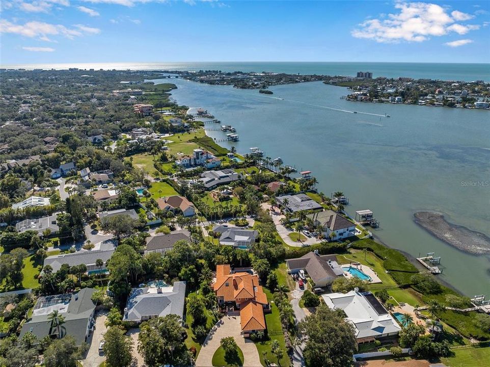 Aerial view of the home with the intracoastal waterway and the Gulf of Mexico