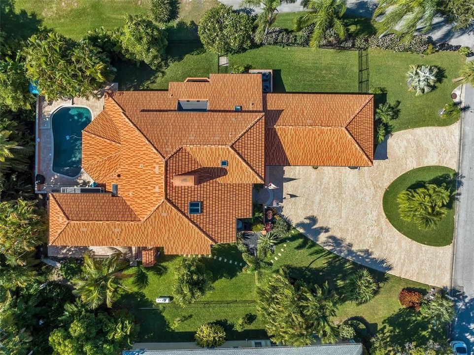 Aerial view showing the almost new tile roof