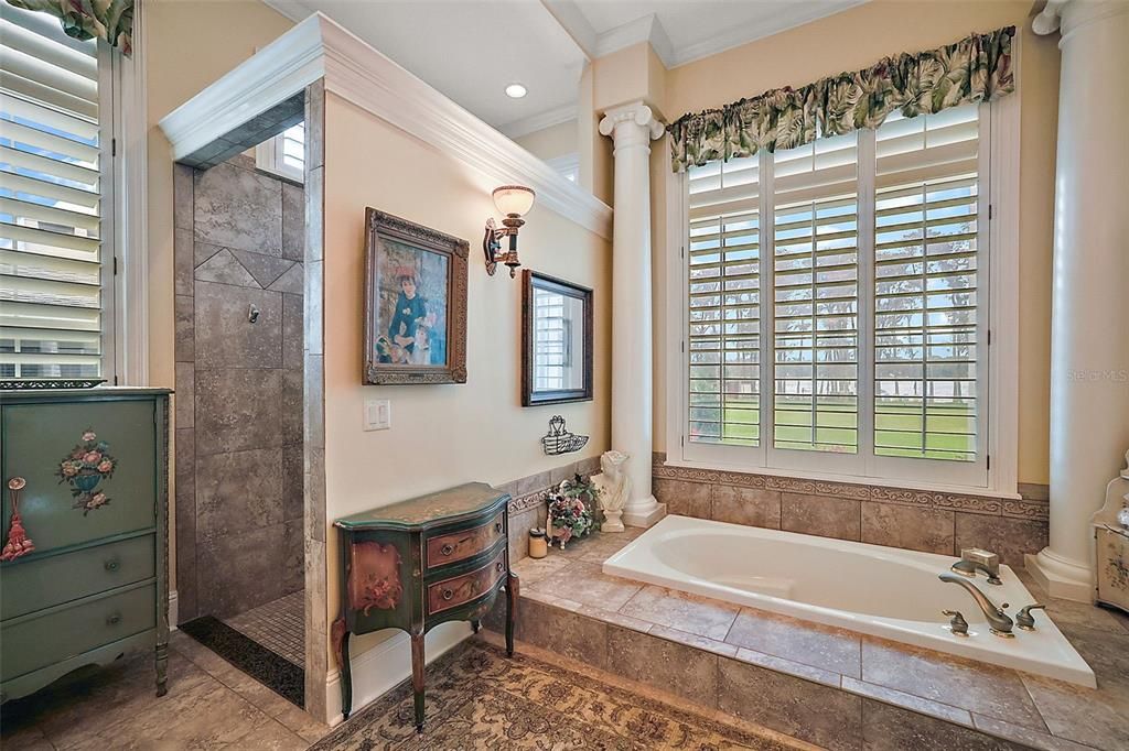 Owner's en suite jetted soak tub with view of lake