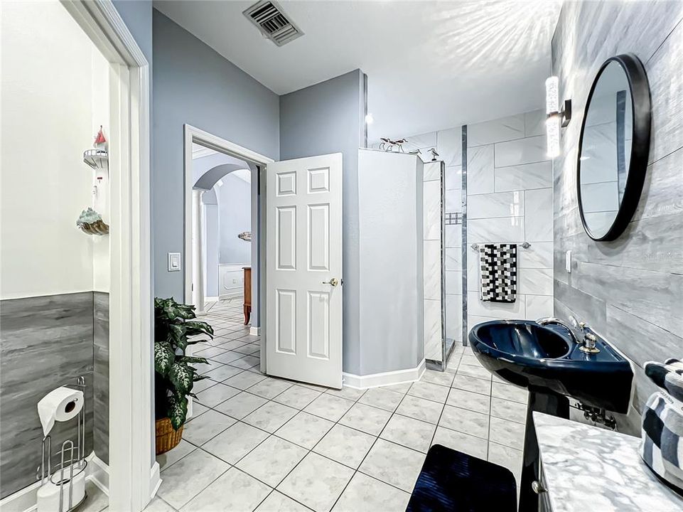 Guest bathroom with sink, walk in shower and separate powder room