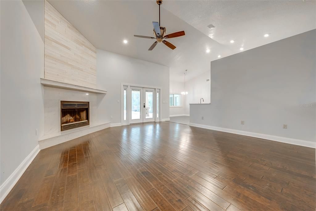 Family room and wood burning fireplace