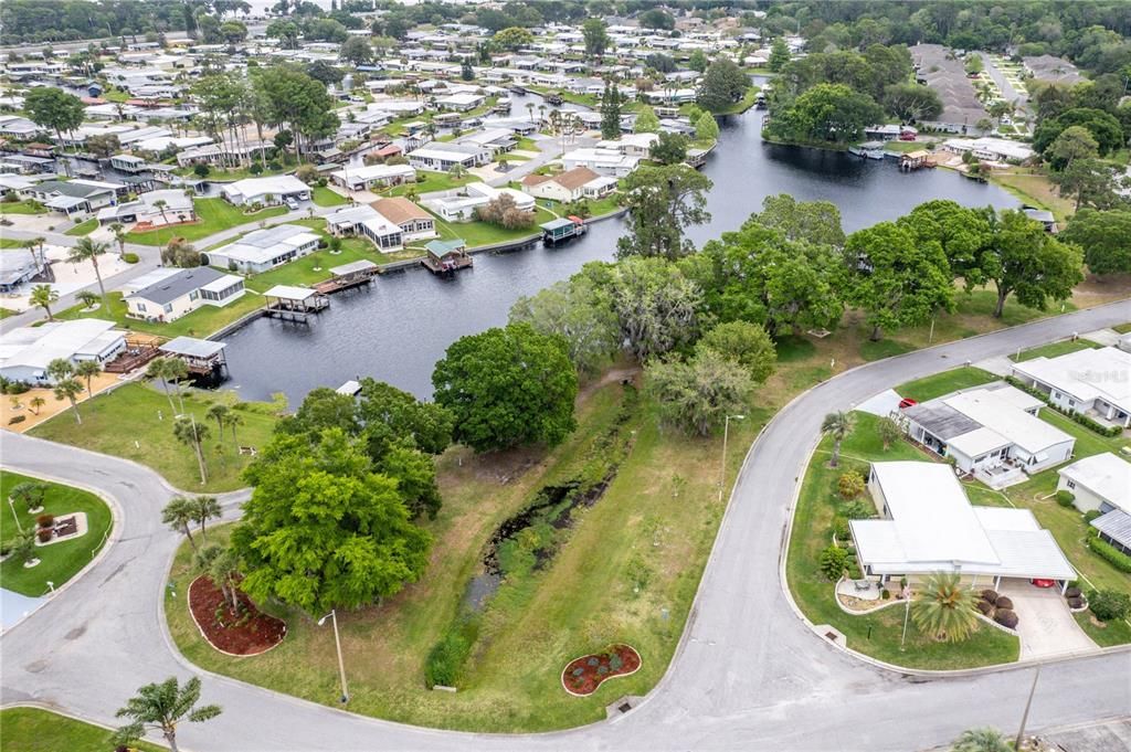 Aerial view of Marina, lagoon, boat ramp and park.
