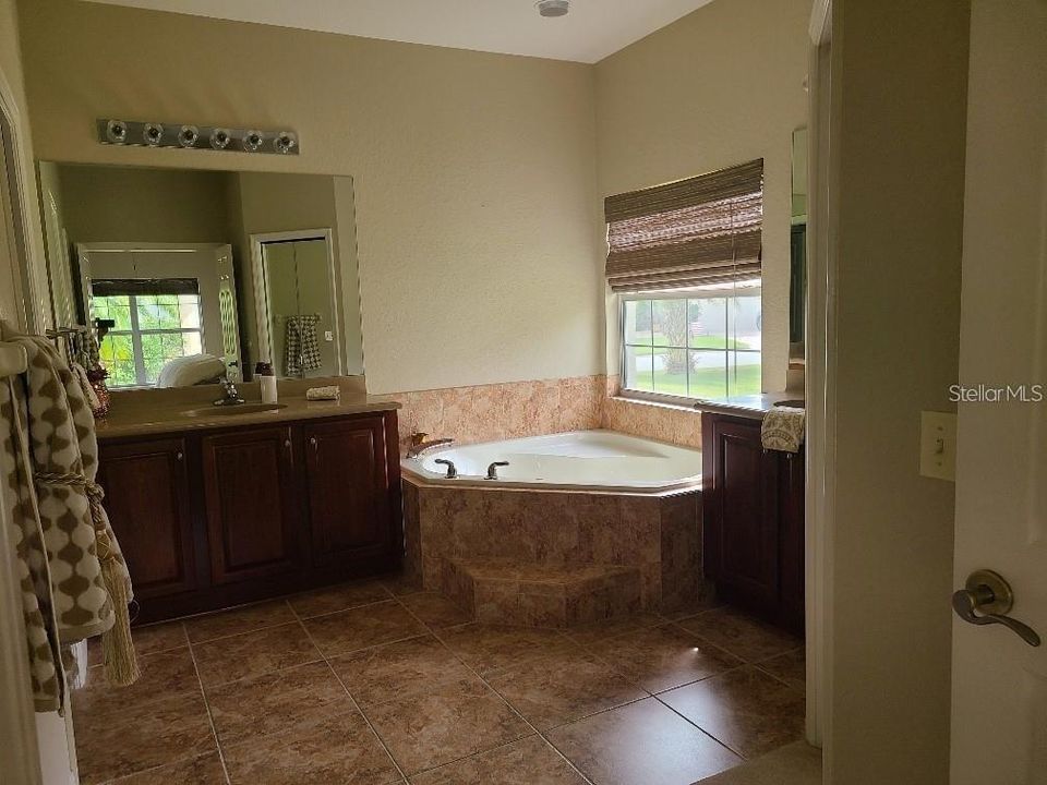 Master ensuite with jacuzzi tub, separate shower and dual sinks.