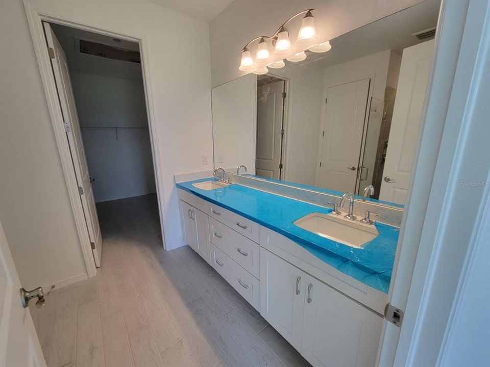 Primary bathroom- dual sinks and walk-in closet in rear