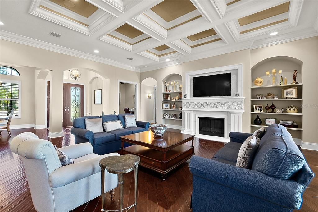 Grate room view #1. Beautiful ceiling, cozy gas fireplace & built-in display shelves