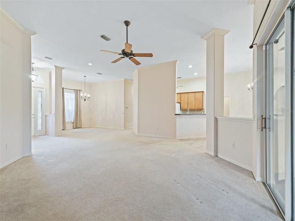 Living room looking to dining room and kitchen