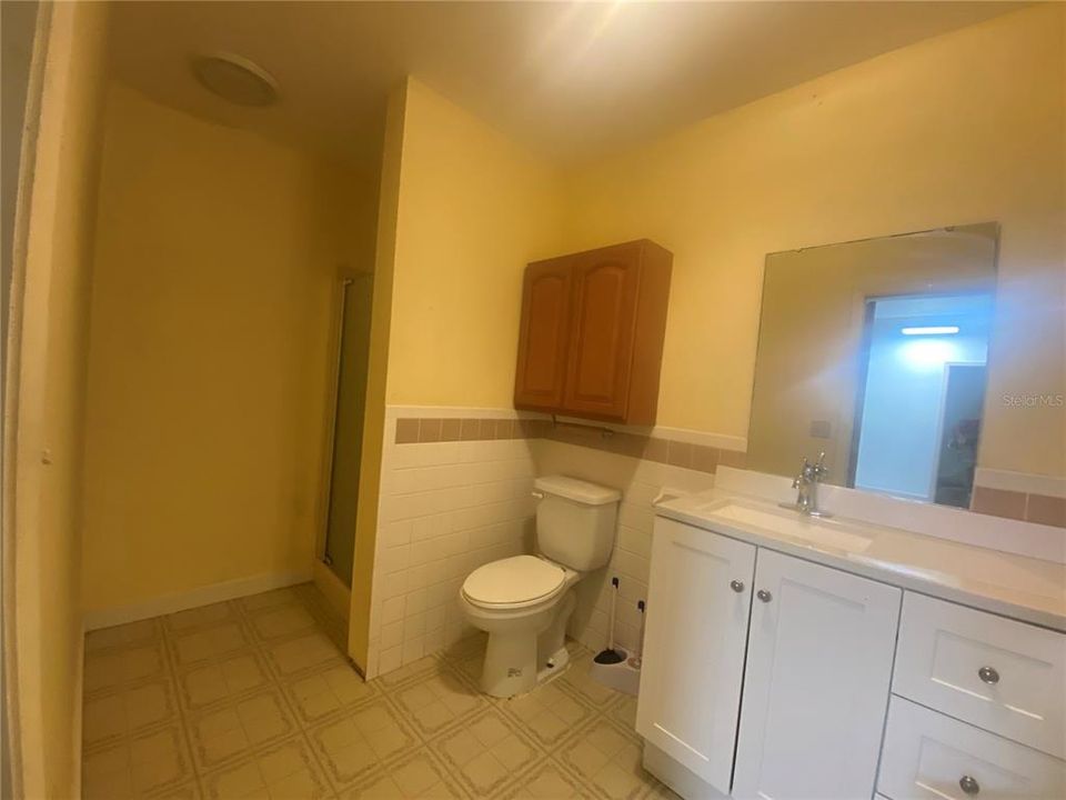 Bathroom has walk-in shower