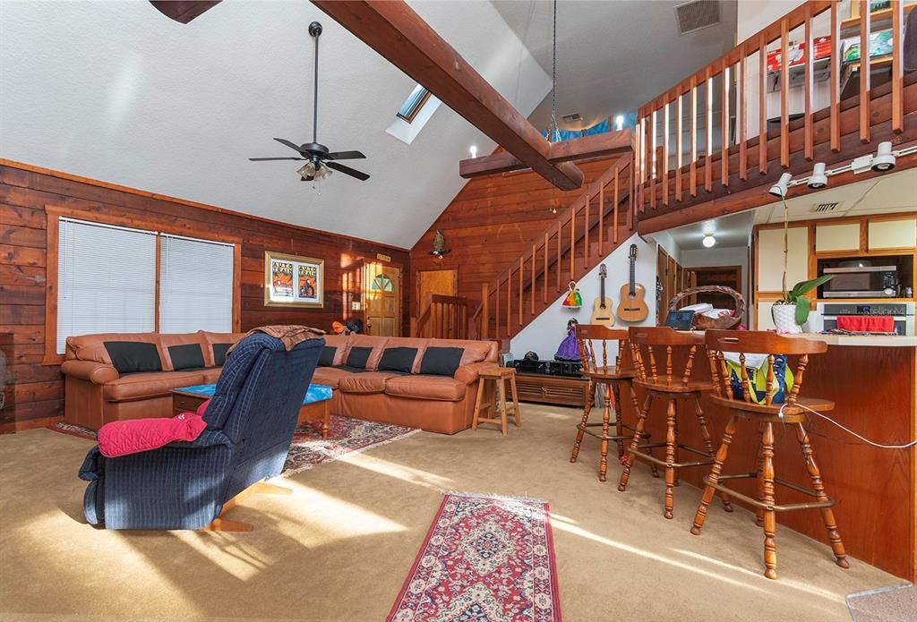 The living room has two skylights and is so light and bright! Stairs lead to the master and the loft.