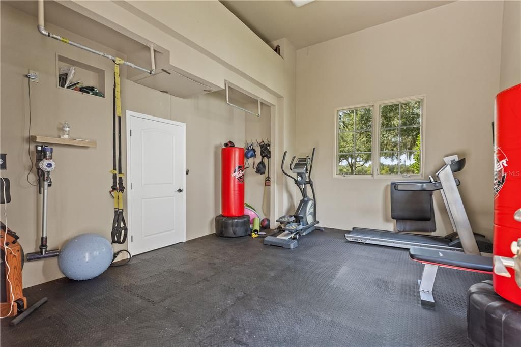 Garage space being used as gym