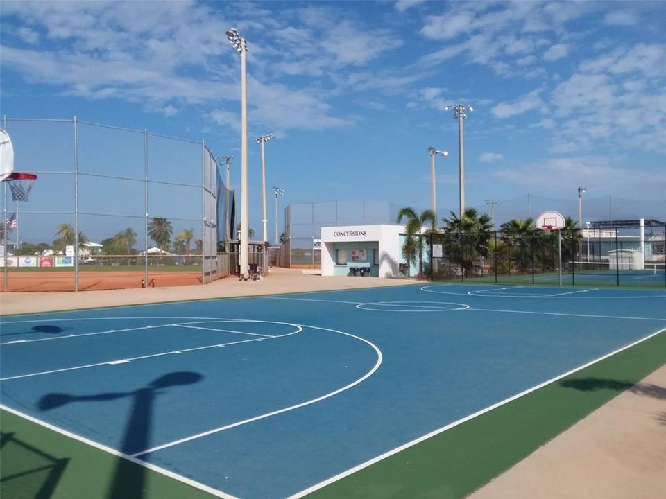 Basketball court, restrooms